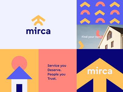 Mirca Branding abstract arrow branding clever design flat goemetry growth happy home house icon illustration logo mark minimal pattern real estate sun vibrant