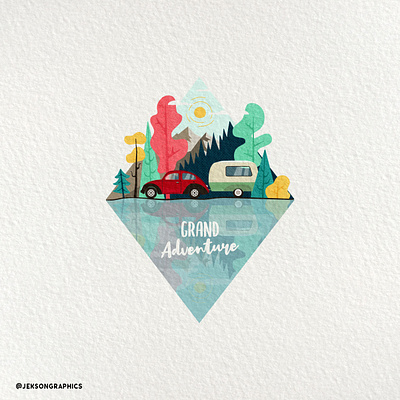 Grand Adventure | Badge Design with Textures adobe illustrator adventure badge badge design camping car design emblem flat design forest hiking illustration logo mountains rv textures trailer vector vintage wanderlust