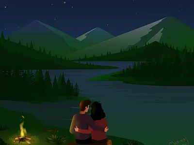 Vector illustration. Night. Landscape. adobe illustrator bonfire fire illustration lake landscape lovers mountains nature night travel vector illustration