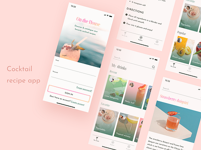Cocktail Recipe App bottom bar bottom navigation components cta button design system drink gradient graphic design login mobile app mobile design recipes search bar sign up splash screen typography ui uiux user experience design uxui