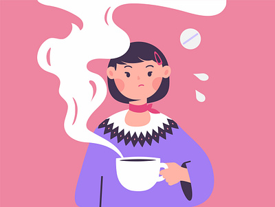 Sore throat fever girl hot hurt illness illustration pain sick sip sore tea throat