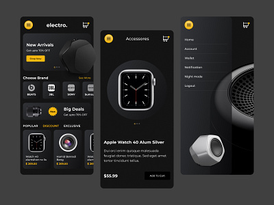 (Electro)Dark E-commerce app Ui Concept animation app design best agenc branding electronics gadgets mobile design ui ux