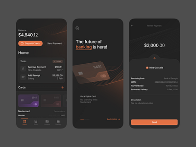 Banking App app banking clean crypto cryptocurrency dark theme dashboard design fintech home mobile banking ndro nft payment platform sandro tavartkiladze send send money splash screen trading