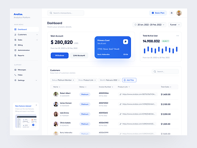 Analize - Web App analytic balance billing clean customer dashboard design designer money sales table ui uidesign ux uxdesign web web app website