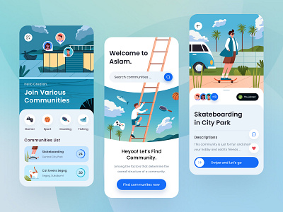 Community Mobile App with Custom Illustrations android app application cat chat cloud communities community cooking fishing gamer gradient group illustration mobile orely pet skateboard sport ui design