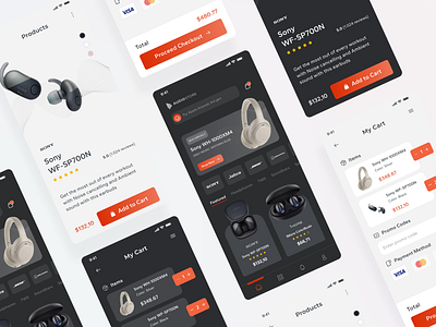 Audio Store Mobile App clean dark mode dark ui earbuds ecommerce electronic estore headphone headset light mode minimal mobile app mobile design mobile ui shop shopping sony store app ui ui design