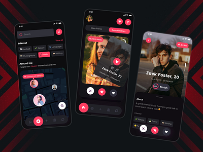 Dating App Dark UI V! android black clean design clean ui dark dating design dribbble minimal mobile mobile app mobile app design mobile design mobile ui new popular shot responsive design ui uiux ux