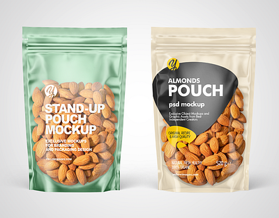 Plastic Pouch w/ Almonds Mockups PSD 3d branding design foodpackage graphic design logo mockup mockupdesign pack package visualization