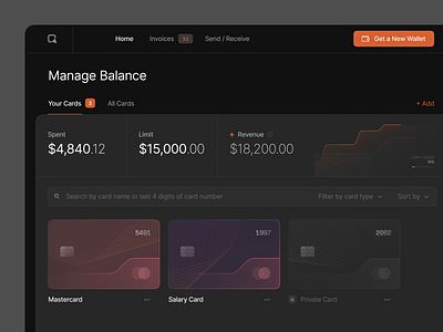 Crypto Dashboard app balance bitcoin card crypto cryptocurrency cryptowallet dark theme dashboard limit mastercard ndro platform revenue sandro tavartkiladze spent trading visa wallet web design