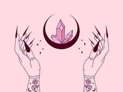 Crystal love. :) celestial crystal gems hands illustration linework magic magical minimalistic moon mystic occult roses stars tattoo witch witchcraft witchy