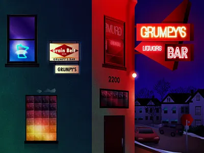 Grumpy's Bar art bar beer digital art dive bar drawing fan art grainbelt grumpys illustration minneapolis minnesota ne neon neon sign northeast print vector winter