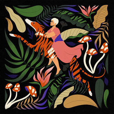 Me & my tiger dark design dog flat flatillustration graphic design illustration ipadpro jungle leaves minimal mushrooms pattern portrait vector whippet
