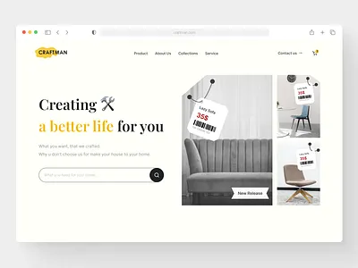 Craftman - Furniture Showroom Landing Page Website chair clean design furniture hero home home decor interior design landing minimalist ornament popular property shop showroom store table ui web design website