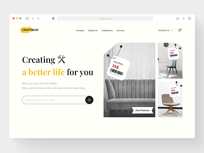 Craftman - Furniture Showroom Landing Page Website chair clean design furniture hero home home decor interior design landing minimalist ornament popular property shop showroom store table ui web design website