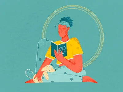 Reading 2d illustration animal animal lover book challenge character character illustration cozy cute dog digital art dog female character girl character girl reading pattern pet procreate reading texture women reading