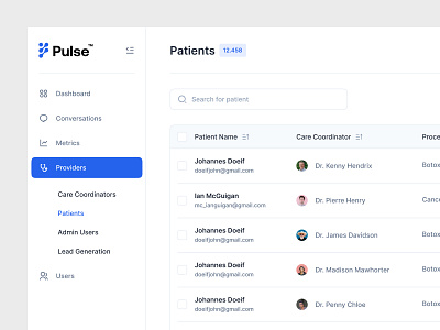 Patient Platform Table Page application component design interface menu navigation patients product screen sidebar table ui ux