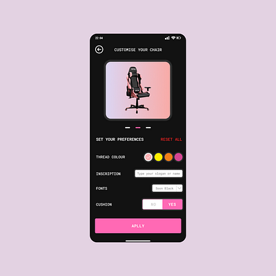 Customise product - DailyUI challenge #33 Second screen app custom customize dailyuichallenge design gaming gamingchair insppiration kawaii mobile nikoleta angelova pink product setup ui ux