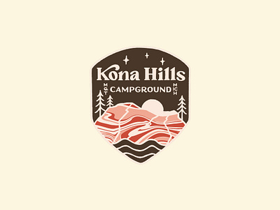 Kona Hills Badge 1970s 70s type badge badge logo campground camping hand drawn hand lettering illustration landscape lettering mountain national park pattern psychedelic swirly trees typography vintage style water