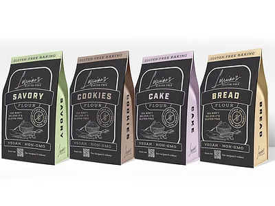 Lorraine's Gluten-Free Flour Packaging bag baking branding cake chalkboard cookies cooking design flour food glutenfree identity illustration logo muffins packaging savory signature typography vector