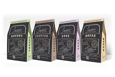 Lorraine's Gluten-Free Flour Packaging bag baking branding cake chalkboard cookies cooking design flour food glutenfree identity illustration logo muffins packaging savory signature typography vector