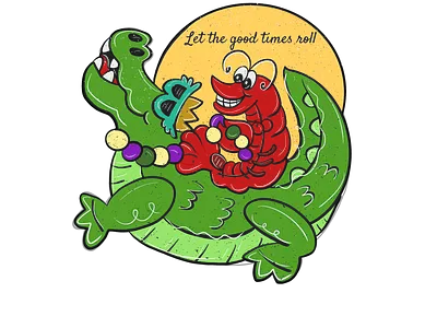 Let the good times roll Alligator and crawfish alli alligator barn owl market barn owl market digital art illustration mardi gras procreate