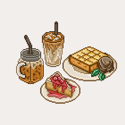 Sweeting time 8bit cafe coffee dessert french toast icecream iced coffee illustration new york cheese cake pixel pixelart retro