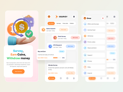 Survey mobile app 3d app interface bitcoin earn home screen mobile app survey ui user profile withdraw