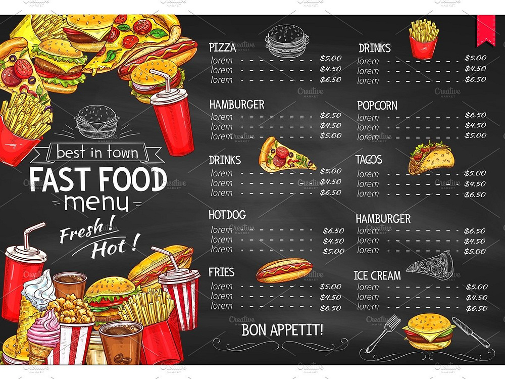 Vector price menu template for fast food meals by Vector Tradition SM ...