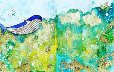 whale in the sea cartoon illustration childrens illustration color pencils digital painting dream gold graphic design hand illustration pen and ink watercolor