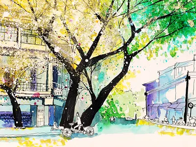 Street View digital painting gold flake hand illustration pen and ink urban sketch watercolor