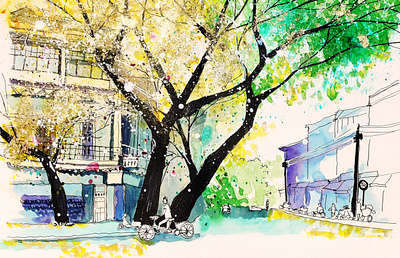 Street View digital painting gold flake hand illustration pen and ink urban sketch watercolor