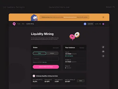 Donut Fi - Liquidity mining page app bitcoin blockchain crypto donut eth ethereum gm liquidity mining product token trading ui ux wagmi web3