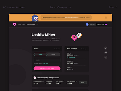 Donut Fi - Liquidity mining page app bitcoin blockchain crypto donut eth ethereum gm liquidity mining product token trading ui ux wagmi web3