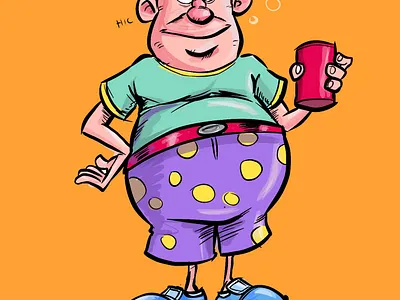 Happy drinker bald cartoon character drinking humour illustration quick