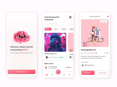 NFTs Marketplace App Design Concept app design art artdigital collection nft nft collection pink sell buy ui