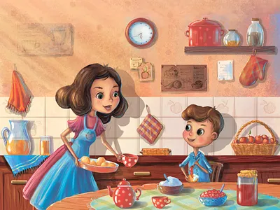 Mom and her son Kostya in the kitchen adobe illustrator app art artist artwork autumn book boy branding childrens illustration clean design flat graphic design illustration illustrator logo minimal ui ux