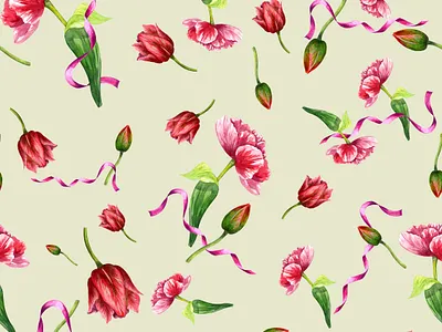 Watercolor pattern, tulips and ribbons. doll cloth, wrapping pap decorative design illustration red scarlet tulip