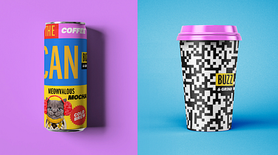 Buzz & Grind Packaging branding bright colors can cat coffee graphic design packaging qr code