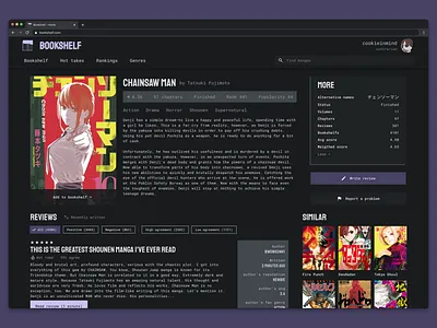 bookshelf manga page anime bookshelf comics library manga reviews stats tabloid ui ux