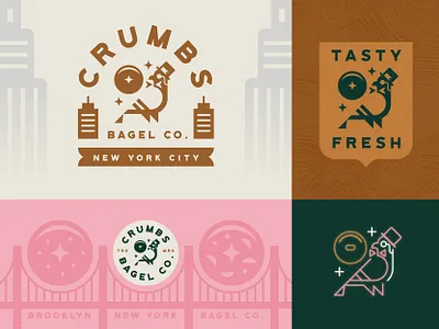 Crumbs Bagel Co badge bagel bakery branding brooklyn city crest illustration logo new york nyc pigeon restaurant