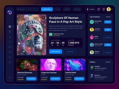 NFT Art Collection Dashboard art buy cpdesign creativepeoples crypto art dark dashboard design ethreum landing page neon nft art nft dashboard nft web app purchase sell token trending web web app web design