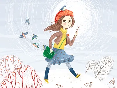Spring is coming! bird book illustration children illustration girl happy illustration snow songbirds spring sunny day walking