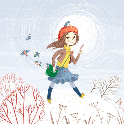 Spring is coming! bird book illustration children illustration girl happy illustration snow songbirds spring sunny day walking