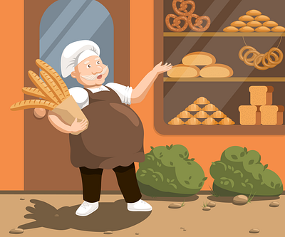 Cheerful baker illustration adobeillustrator ai artwork baguette baker bakery bread character cheerful colorful colors food happy illustration illustrator mood mustache painting person vector