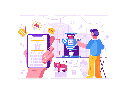 adding media content to the qr-code application art cat character code coffe machine content create design flat hand home illustration interact kitchen phone qr qr code smart vector