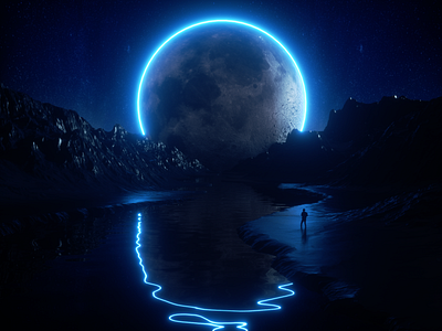 Mountain Render 3d blue c4d moon mountain night octane river star