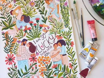 Happy Valentine's art couple drawing flowers gouache hand drawn illustration painting vslentine