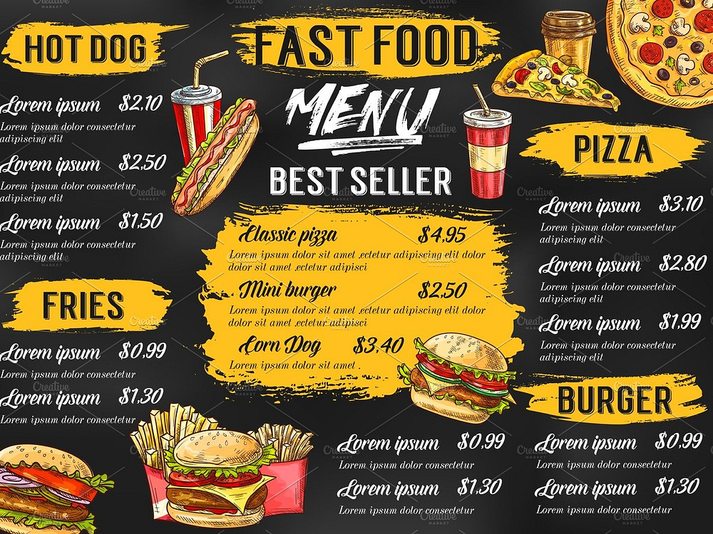 Fast food restaurant vector menu sketch template by Vector Tradition SM ...