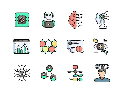 Artificial Intelligence Icons Set 🤖 ai app binary brain branding cyberspace cyborg data flat icon icon icon design illustration learning logo network neural neuron science technology ui