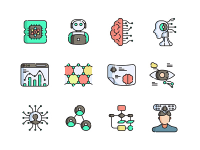 Artificial Intelligence Icons Set 🤖 ai app binary brain branding cyberspace cyborg data flat icon icon icon design illustration learning logo network neural neuron science technology ui